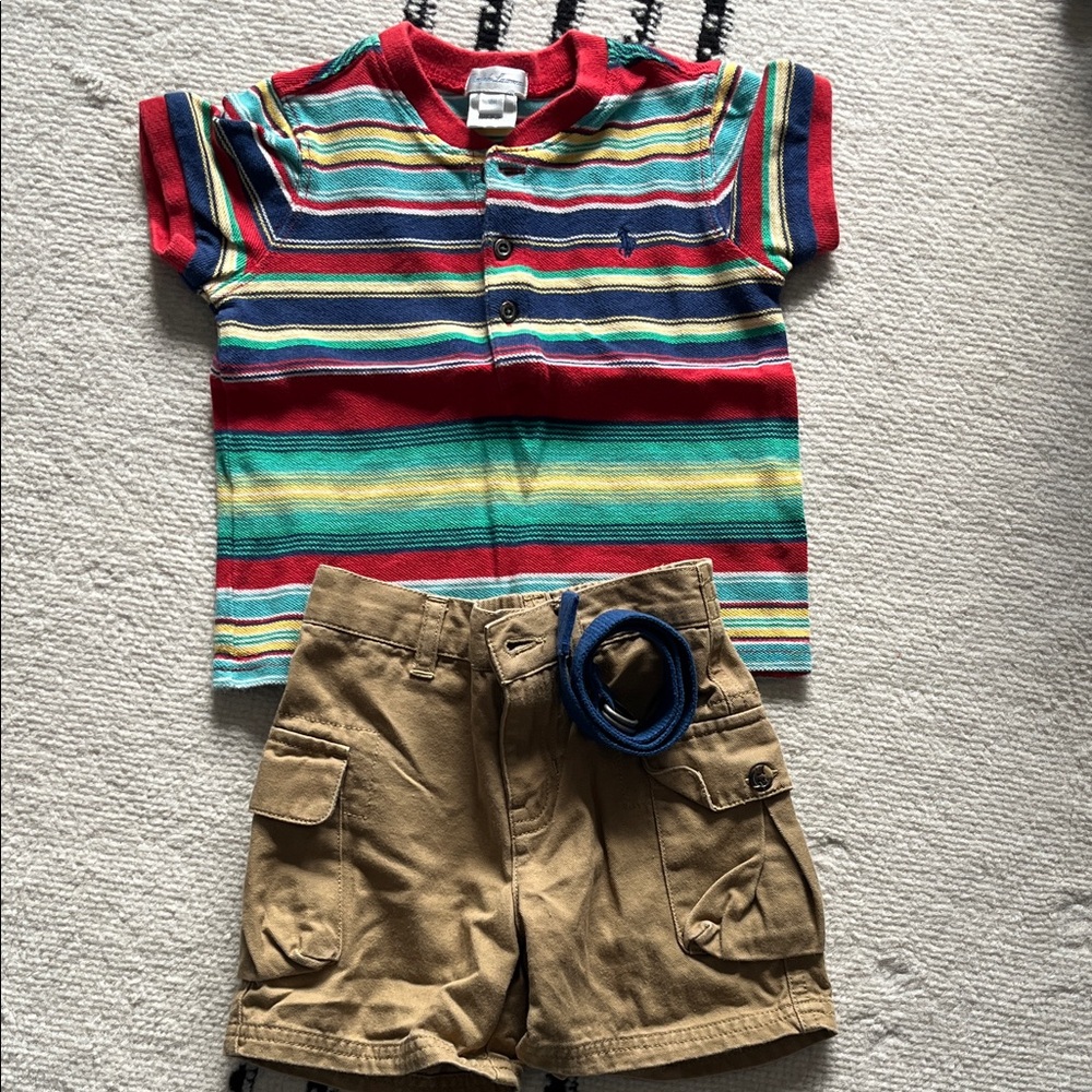 Striped Polo Shirt and Khaki Shorts belted Set size 18 months